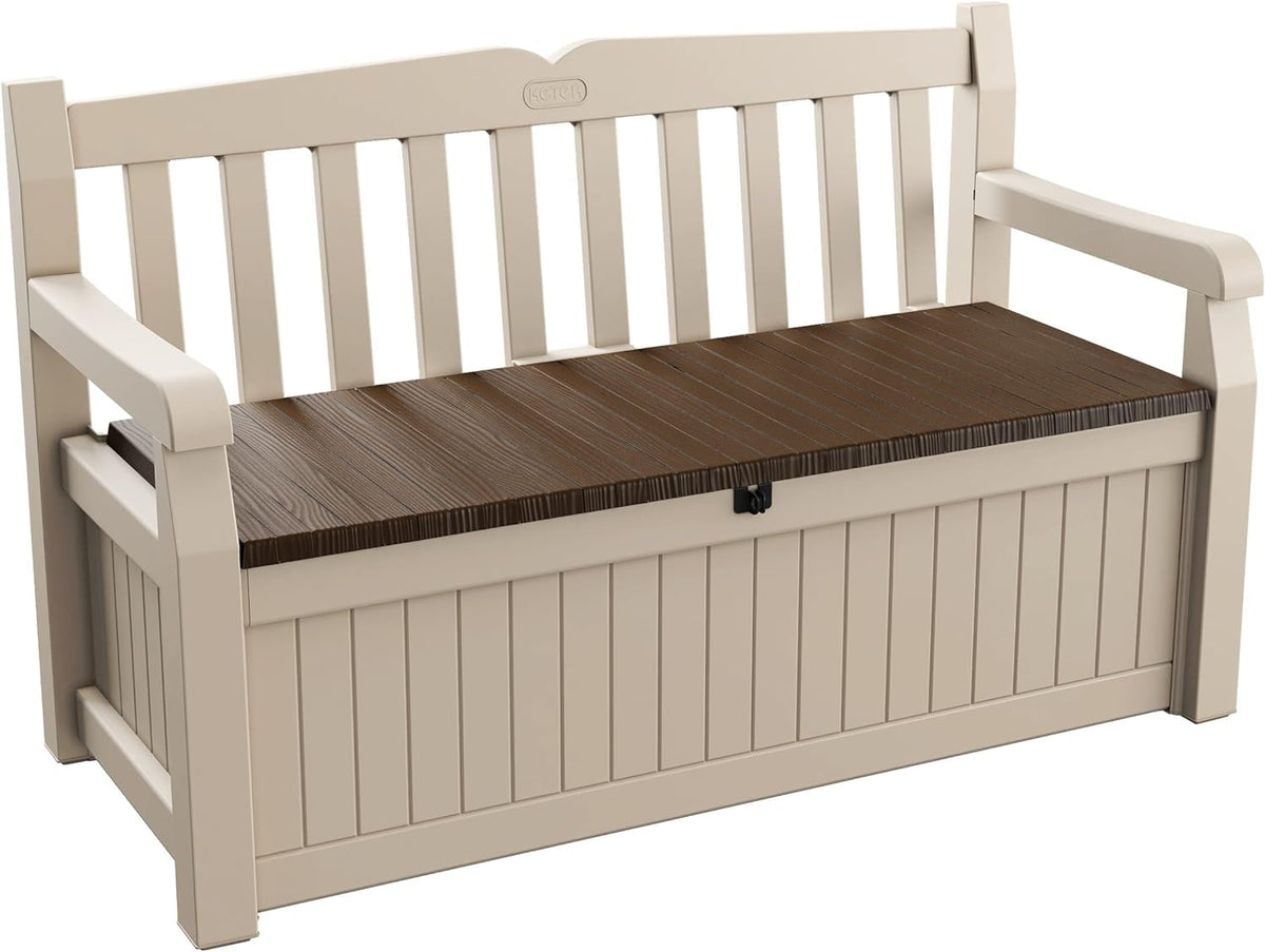 Keter Signature Outdoor Storage Bench 227L | Seats 2 Adults | DecoCoat Wood-Look Resin | Waterproof & Ventilated | All-Weather UV Resistant | Garden, Patio & Deck Storage