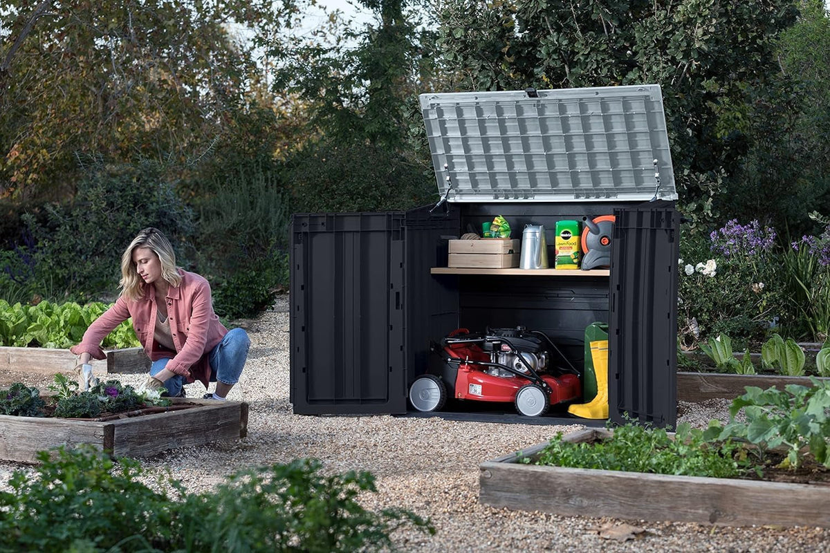 Store It Out Nova Outdoor Garden Storage Shed, 32 X 71.5 X 113.5 Cm, Dark Grey with Light Grey Lid