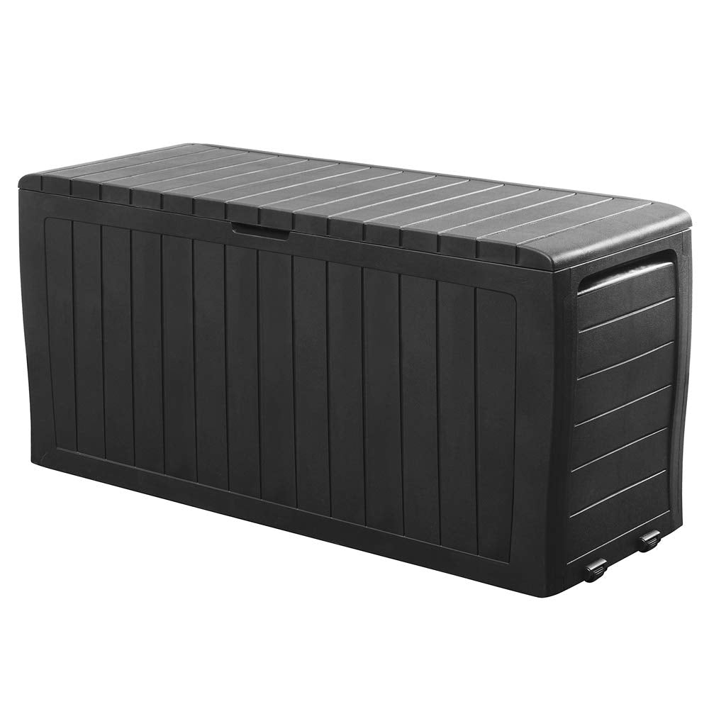 Deuba® Marvel+ Plus by KETER 270 Litre Outdoor 65% Recycled Garden Furniture Cushion Storage Box | Fade Free | Weather Resistant | Safe & Secure | Maintenance Free | Graphite Wood Effect Anthracite