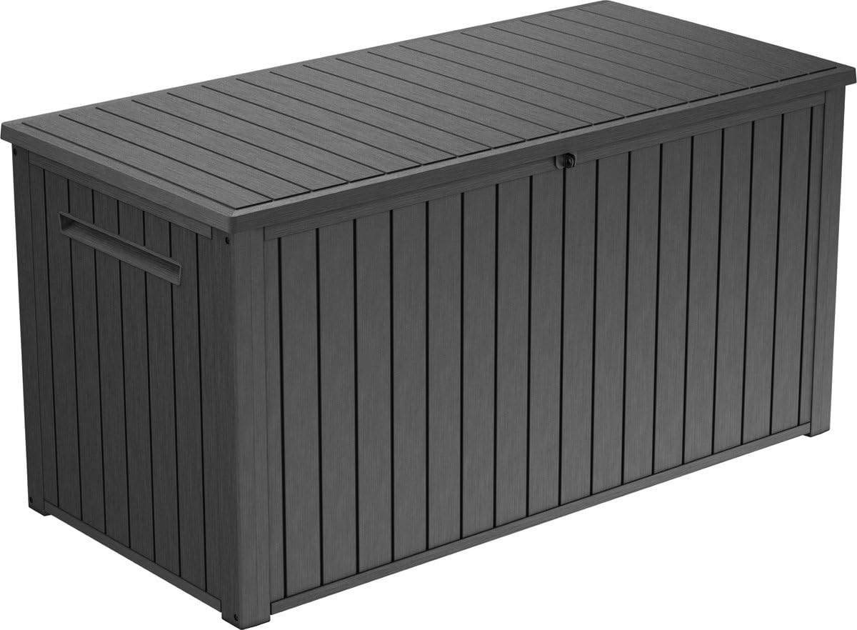 Keter Signature 643L Outdoor Storage Box – Venetian Grey | Weather‑Resistant, UV‑Protected, Lockable Storage Box | 350 kg Lid Capacity to Seat Two Adults | Piston‑Assisted Opening