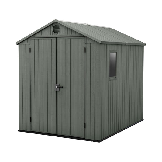 Keter Darwin 6x8ft Outdoor Resin Garden Shed – Green Evotech+ Wood-Look | Waterproof Resin Storage for Tools & Bikes | Double Doors | Lockable | 15 Yr Warranty | Zero Maintenance