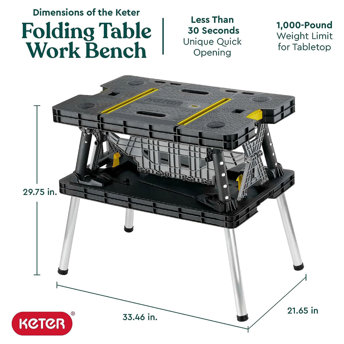 Keter Folding Work Table, Portable Workbench w/ 12" Clamps for Garage/Wood Shop