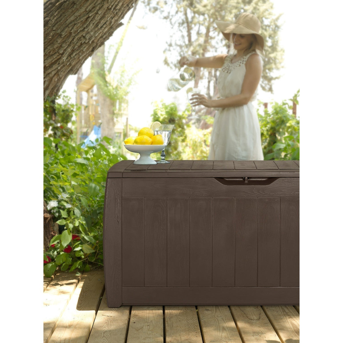 Keter 223949 270L Keter Garden Storage Deck Box Hollywood Outdoor Plastic Wood Design Sturdy Weatherproof Brown