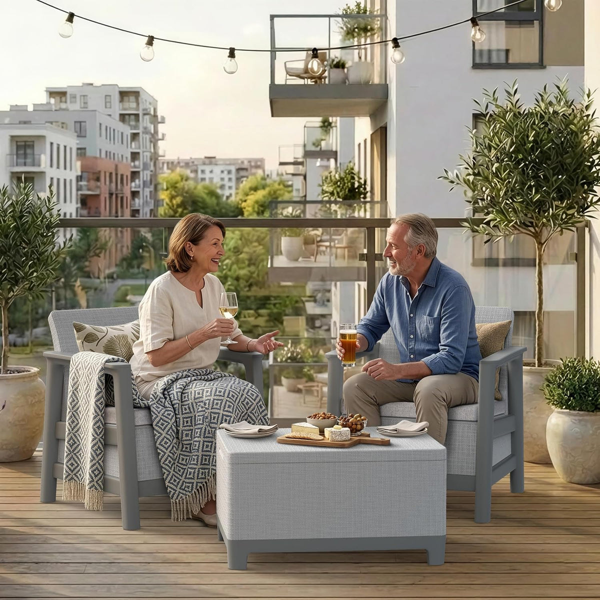 Keter Scandi Linea Balcony Furniture Set - Grey | Outdoor Armchairs & Storage Coffee Table | Weather-Resistant Patio Furniture