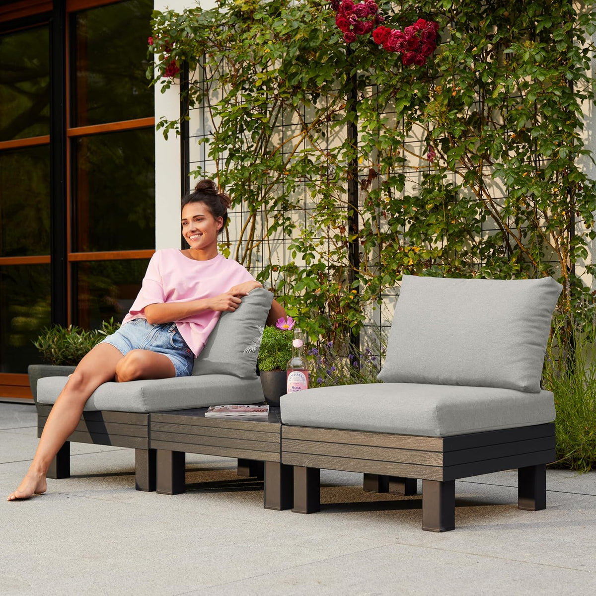 Keter Elements 2 Seater 100% recycled Outdoor Garden Furniture Modular Balcony Set - Graphite with Grey Cushions Fade Free | All Weather Resistant | Easy Clean | Zero Maintenance